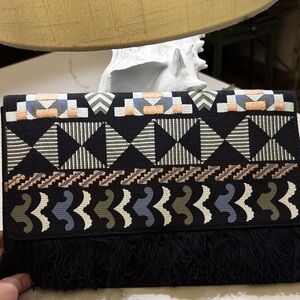 Stella & Dot Embroidered Geometric Fringe Clutch